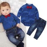 2-pc Set Plaid Rompers with Bowtie + Demin Pants