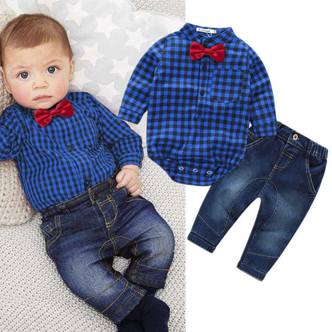 2-pc Set Plaid Rompers with Bowtie + Demin Pants