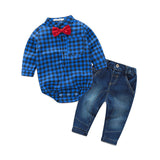 2-pc Set Plaid Rompers with Bowtie + Demin Pants