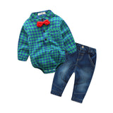 2-pc Set Plaid Rompers with Bowtie + Demin Pants