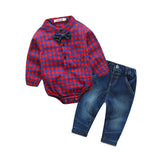 2-pc Set Plaid Rompers with Bowtie + Demin Pants