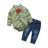 2-pc Set Plaid Rompers with Bowtie + Demin Pants