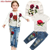 3-pc Set Fashion Rose Cardigan Tops + Shirt + Pants