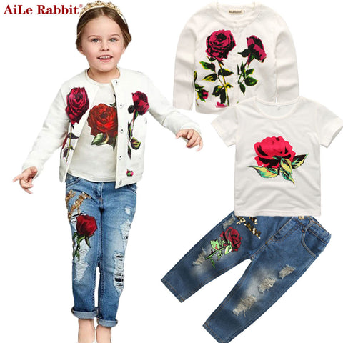 3-pc Set Fashion Rose Cardigan Tops + Shirt + Pants